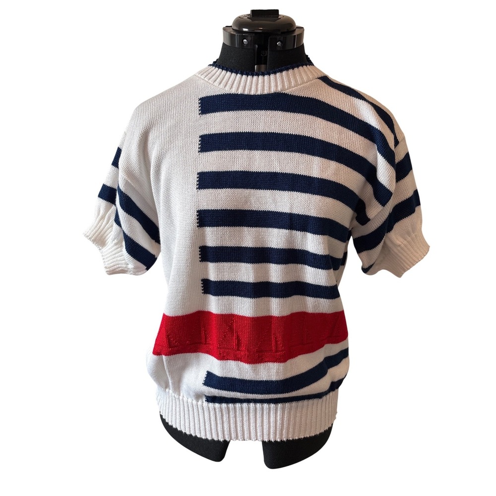Vintage Cristin Stevens Womens Short Sleeve Nautical Striped Knit Sweater USA M?